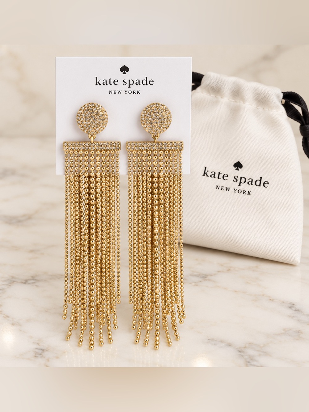 Kate Spade Glimmer Shimmer Gold Crystal Fringe Statement Earrings + Gift NWT